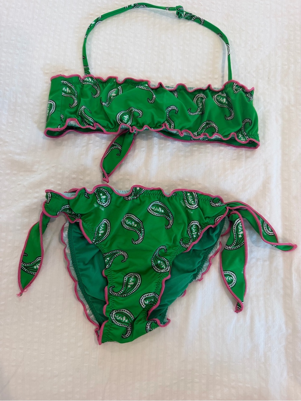 Green Paisley Kids Bikini Set with Pink Trim